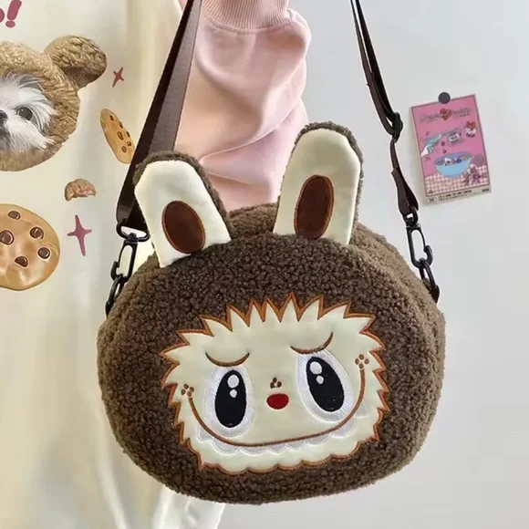 Labubu Inspired Brown Zimomo Theme Fuzzy Crossbody Handbag Purse Character - Picture 4 of 10